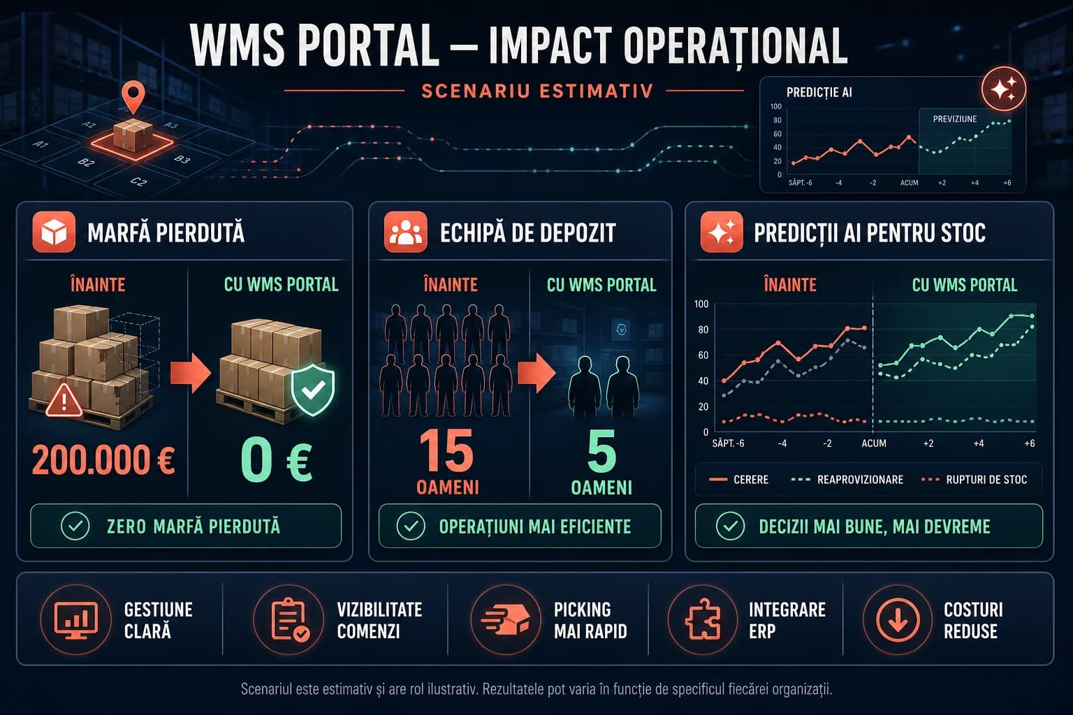 Scenariu ilustrativ de impact WMS Portal: marfa pierdută scade de la 200.000 de euro la zero, necesarul de personal din depozit scade de la 15 la 5 oameni, iar AI îmbunătățește predicțiile de stoc